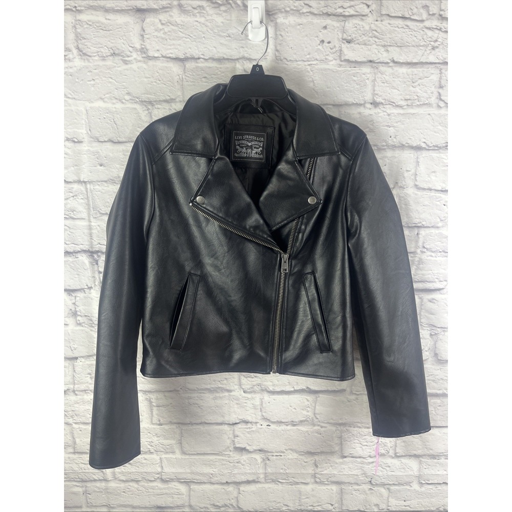 Levi's NWT Y2K Black Bomber Moto Cropped Faux Leather Jacket Size Small Indie